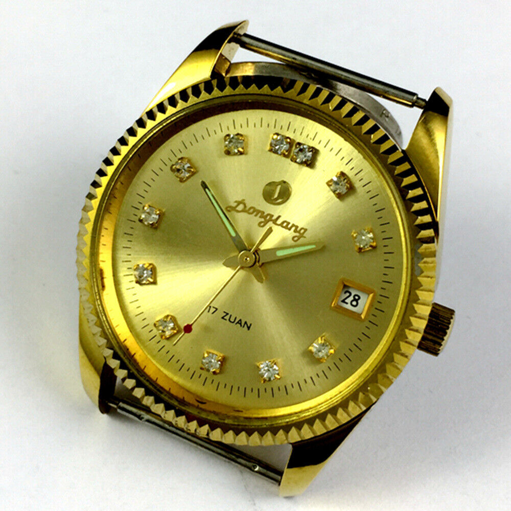 Donglang 36mm manual mechanical watch with golden dial, 17 jewels, single calendar, elegant design.