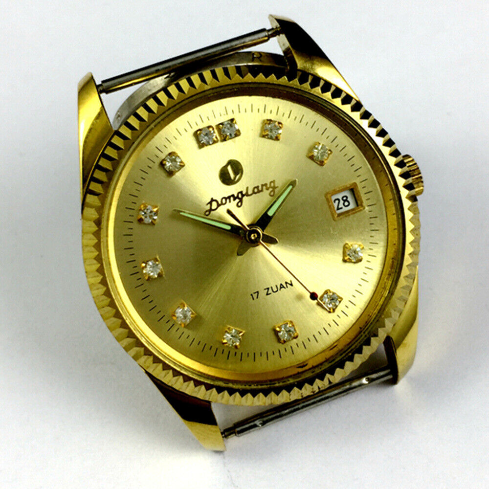 Donglang 36mm manual mechanical watch with golden dial, 17 jewels, single calendar, classic style.