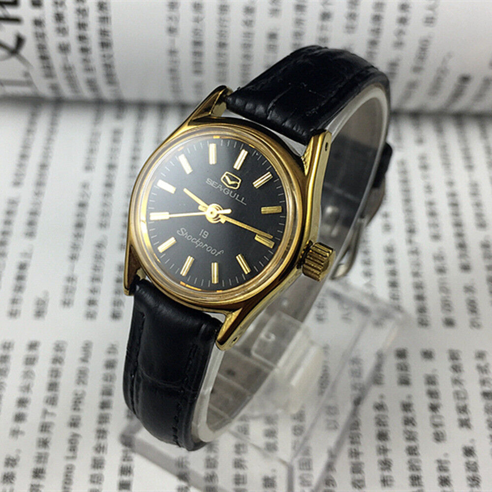 Elegant Black Round Case Ladies Watch by Tianjin Seagull with Golden Nail Markers, Manual Mechanical Movement