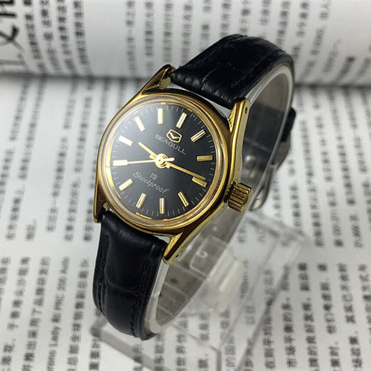 Elegant Black Round Case Ladies Watch by Tianjin Seagull with Golden Nail Markers, Manual Mechanical Movement