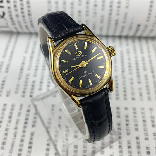 Elegant Black Round Case Ladies Watch by Tianjin Seagull with Golden Nail Markers, Manual Mechanical Movement