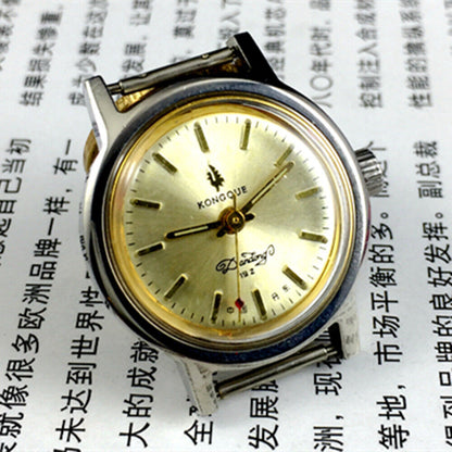 Liaoning Kongque lady mechanical watch with golden dial and 19 jewels, elegant daily wear accessory.