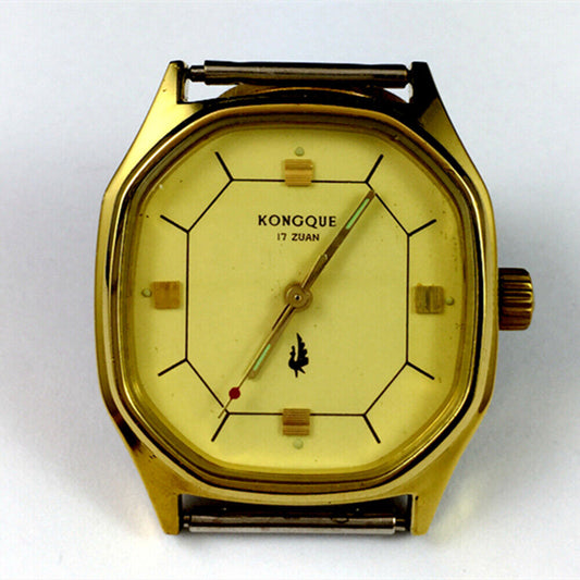 China Kongque 35mm manual mechanical watch with 17 jewels, golden dial, luminous 3 hands for clear time reading.