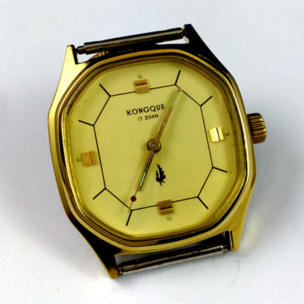 China Kongque 35mm manual mechanical watch with 17 jewels, golden dial, luminous 3 hands for clear time reading.