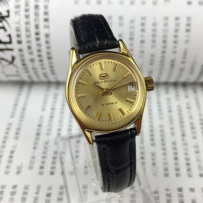 Montre mécanique à cadran rond pour femme, cadran doré, calendrier simple, motif mouette