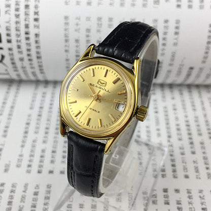 Montre mécanique à cadran rond pour femme, cadran doré, calendrier simple, motif mouette