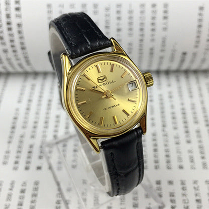 Montre mécanique à cadran rond pour femme, cadran doré, calendrier simple, motif mouette