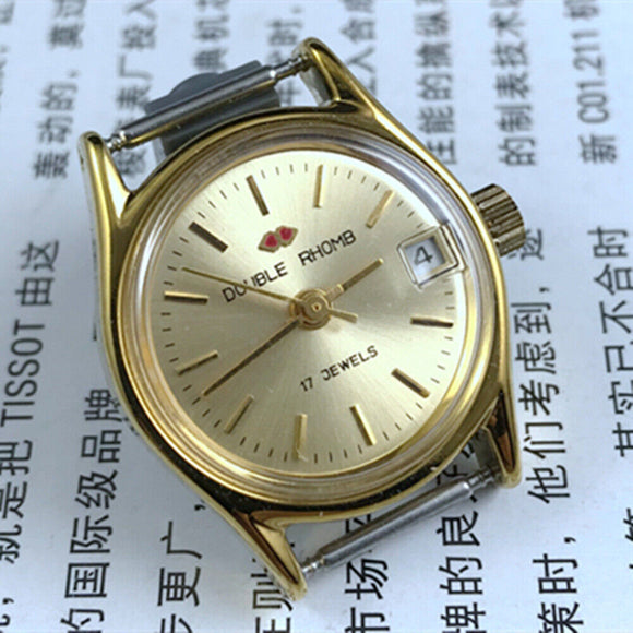 Double Rhomb Single Calendar Manual Mechanical Lady Watch Golden Nail+Case