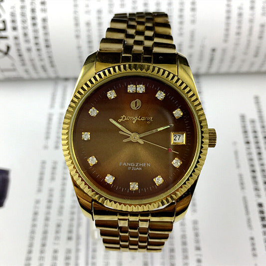 36mm China Donglang Manual Mechanical Watch 17 Jews Brown Dial Single Calendar