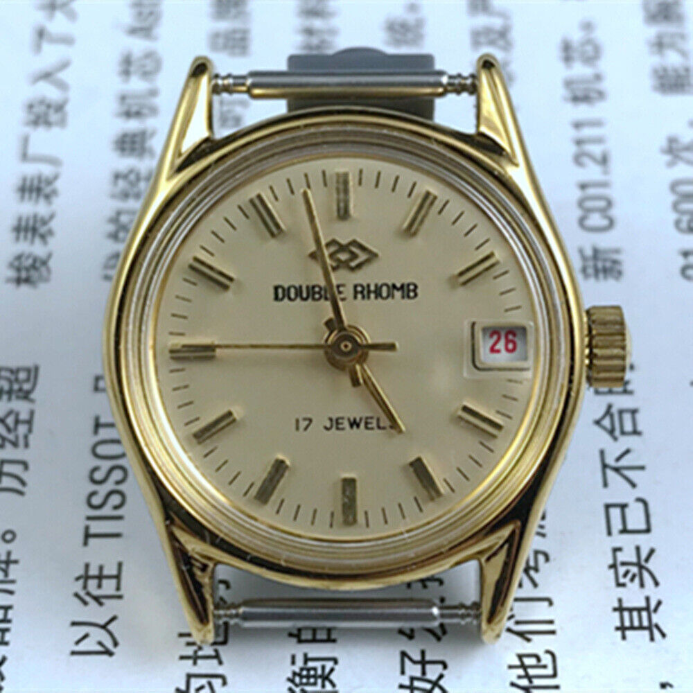 Double Rhomb Lady Watch featuring golden nail markers, manual mechanical movement, and elegant 3-hand design for sophisticated style.