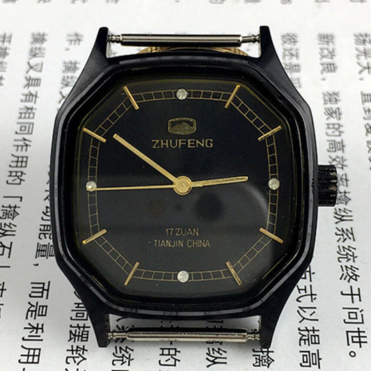 Zhufeng black octagonal watch with gold accents, manual mechanical movement for men and women.