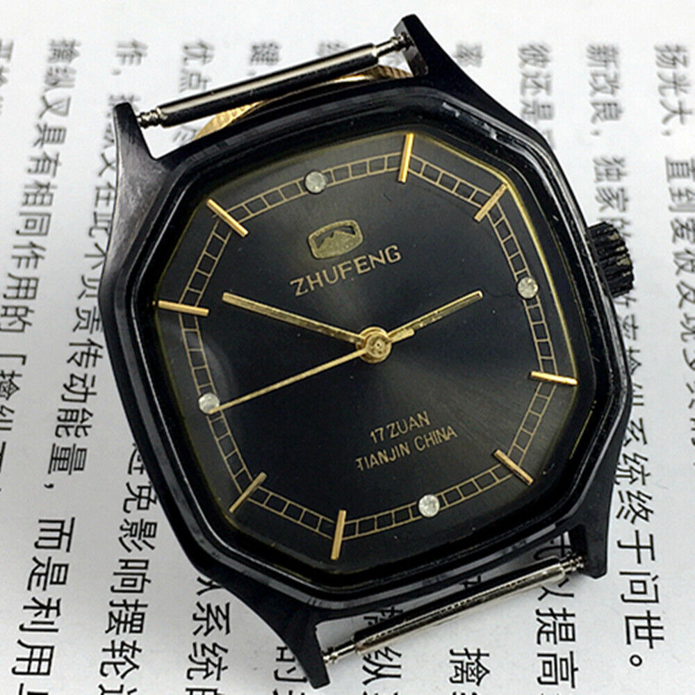 Zhufeng black octagonal watch with gold accents, manual mechanical movement, elegant unisex design.