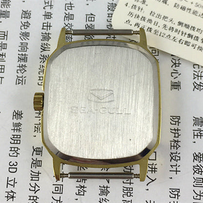 Seagull 28mm ladies watch with gold square case, manual mechanical movement, elegant style for daily wear.