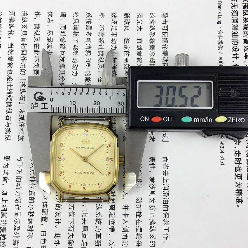 Seagull 28mm ladies watch with golden square case, manual mechanical movement, elegant style for refined wear.