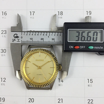 Zhufeng 36mm manual mechanical watch with golden round case, nail indices, and two hands for classic style.