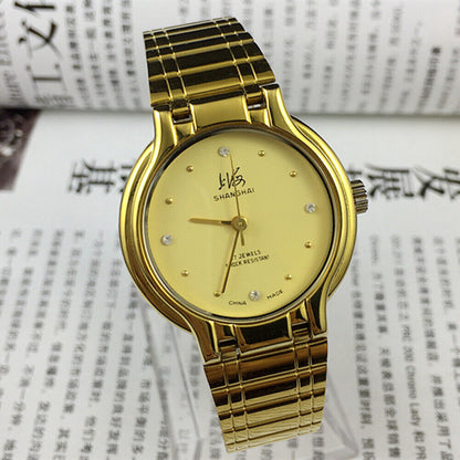 Shanghai Factory 34mm manual watch with golden case and yellow dial, classic mechanical timepiece for enthusiasts
