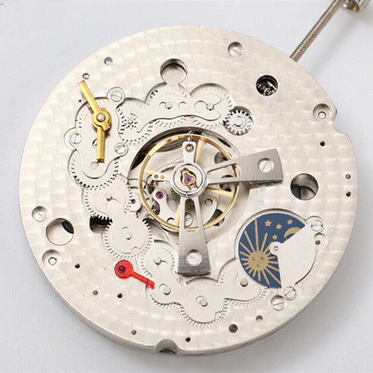 Dandong Silver hollow star moon phase watch with automatic mechanical movement, elegant timepiece design.