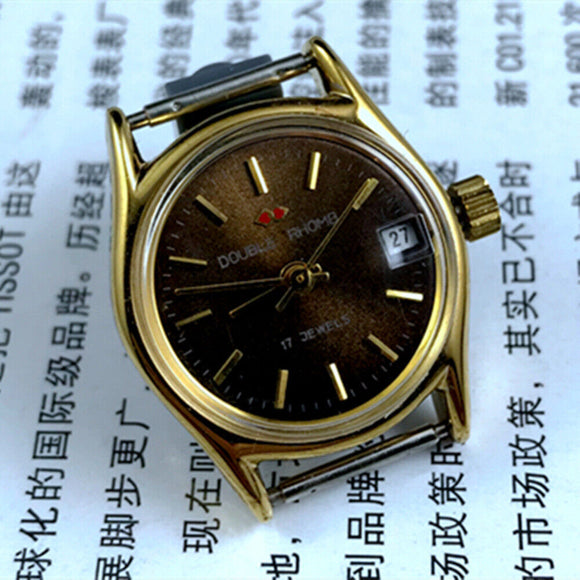 Double Rhomb Single Calendar Manual Mechanical Lady Watch Golden Coffee Dial
