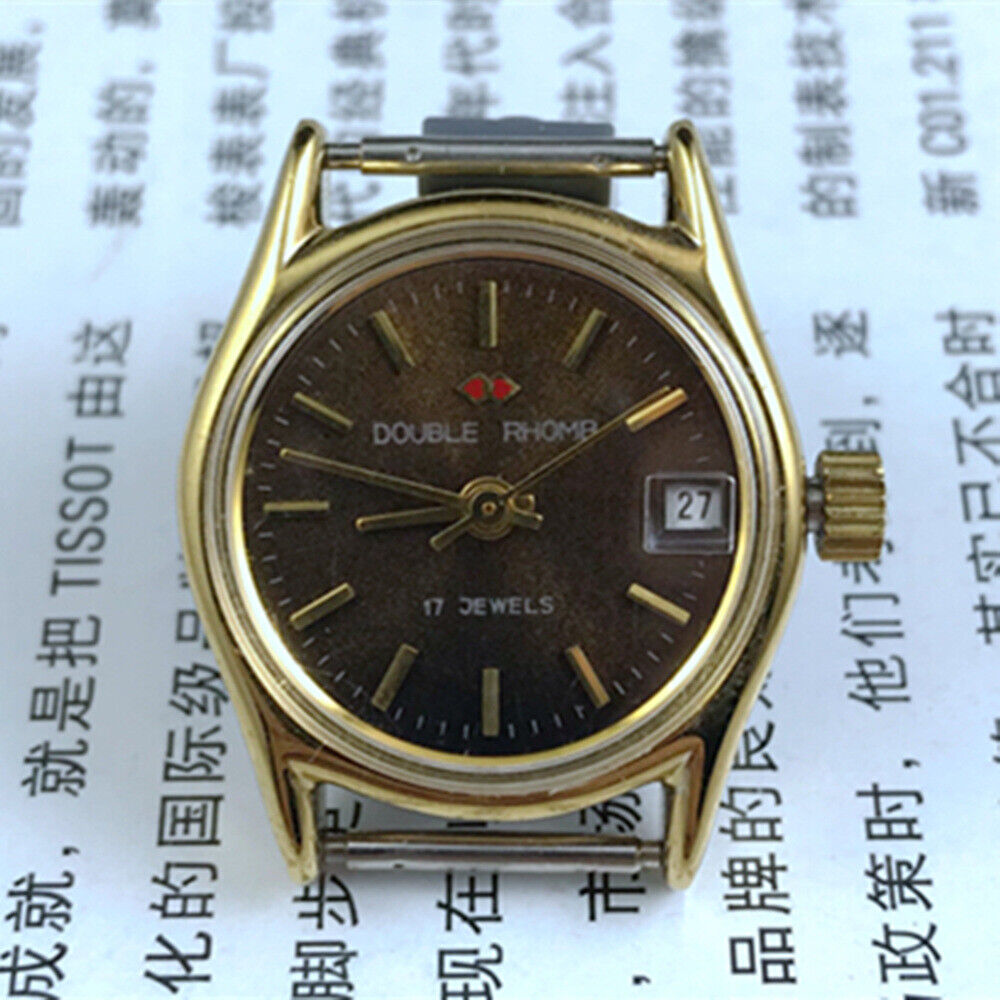 Double Rhomb lady's manual watch with golden coffee dial, single calendar, elegant design for stylish wear.