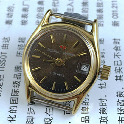 Double Rhomb lady's manual mechanical watch with golden coffee dial and single calendar, elegant style for formal wear.