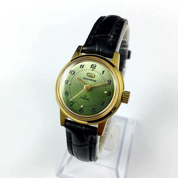 Round Case 3 Hands Green Background Zhufeng Manual Mechanical Ladies Watch