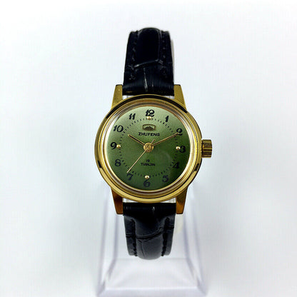 Montre mécanique manuelle Zhufeng pour femme, boîtier rond, 3 aiguilles, fond vert