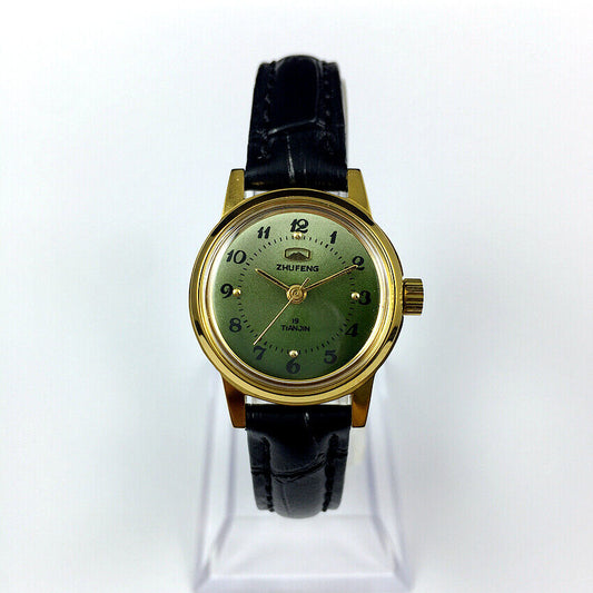Montre mécanique manuelle Zhufeng pour femme, boîtier rond, 3 aiguilles, fond vert