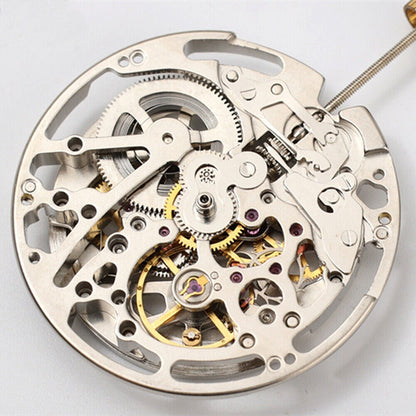 Dandong Silver automatic watch with hollow dial, second stop feature, and intricate mechanical design.