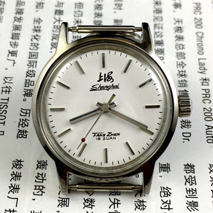 Silver 32mm Shanghai Factory manual mechanical watch with silver case and nail markers, classic design