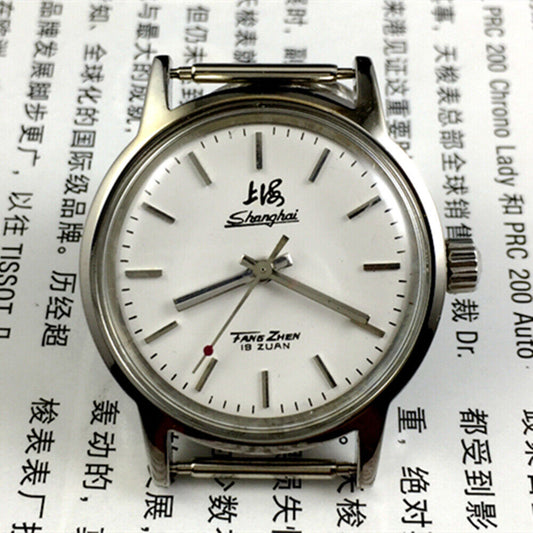 Silver 32mm Shanghai Factory manual mechanical watch with silver case and nail markers, classic design