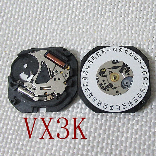 Japanese Hattori Epson VX3KE quartz watch movement with date display at 3 o?clock for precise timekeeping.