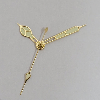 Green luminous watch hands with black and golden trim for NH35, NH36, 4R, and 7S movements.