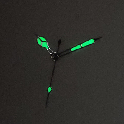 Green luminous watch hands with black and gold trim compatible with NH35, NH36, 4R, 7S movements.