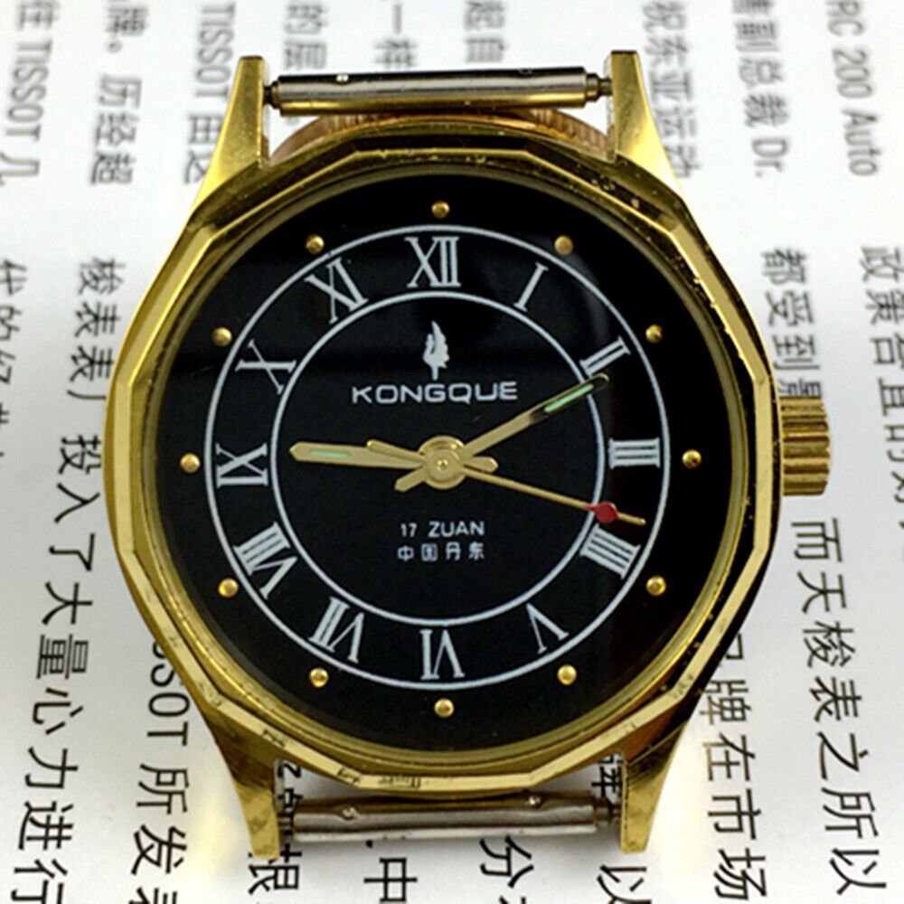 33mm Dandong Made Manual Mechanical Watch 17 Jews Black Dial Golden Nail 3 Hands