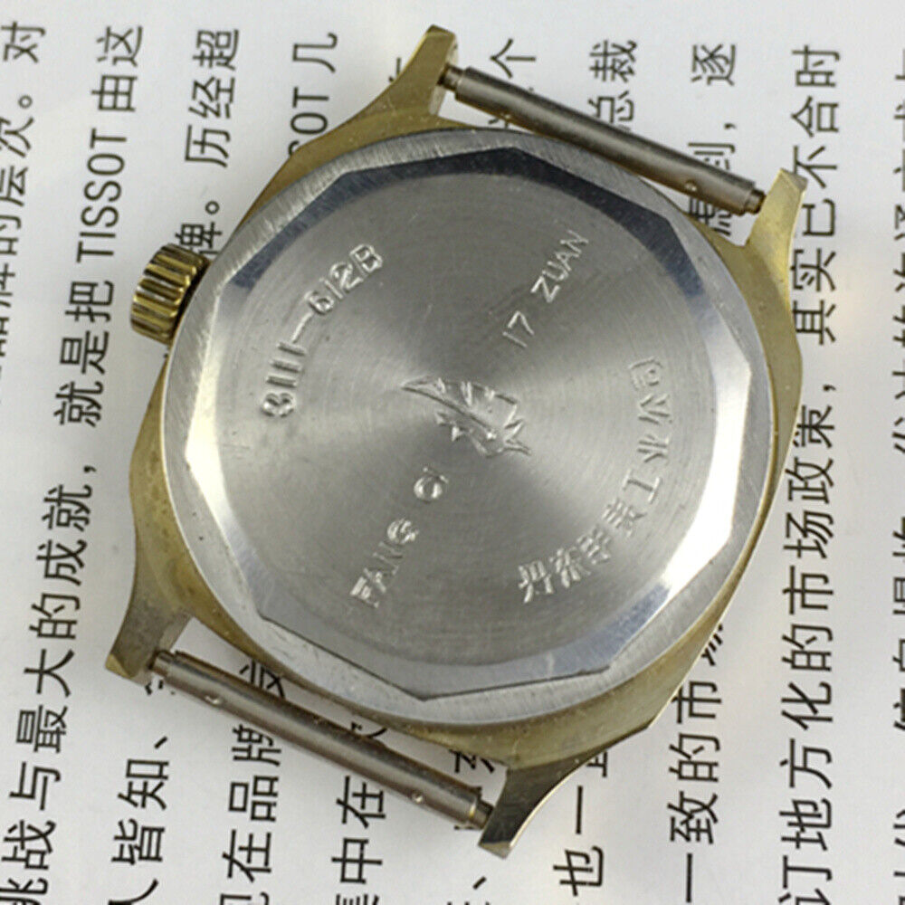 Dandong 33mm manual mechanical watch with golden dial, square case, and 17 jewels for luxury style.