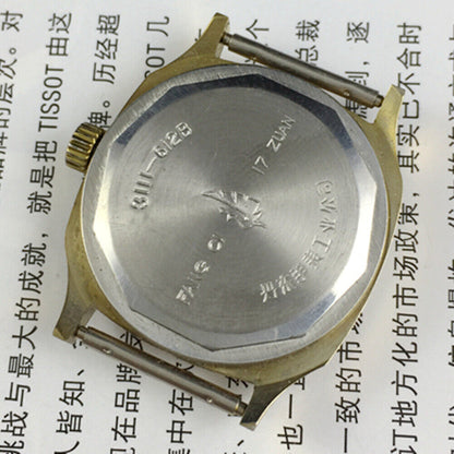 Dandong 33mm manual mechanical watch with golden dial, square case, and 17 jewels for luxury style.