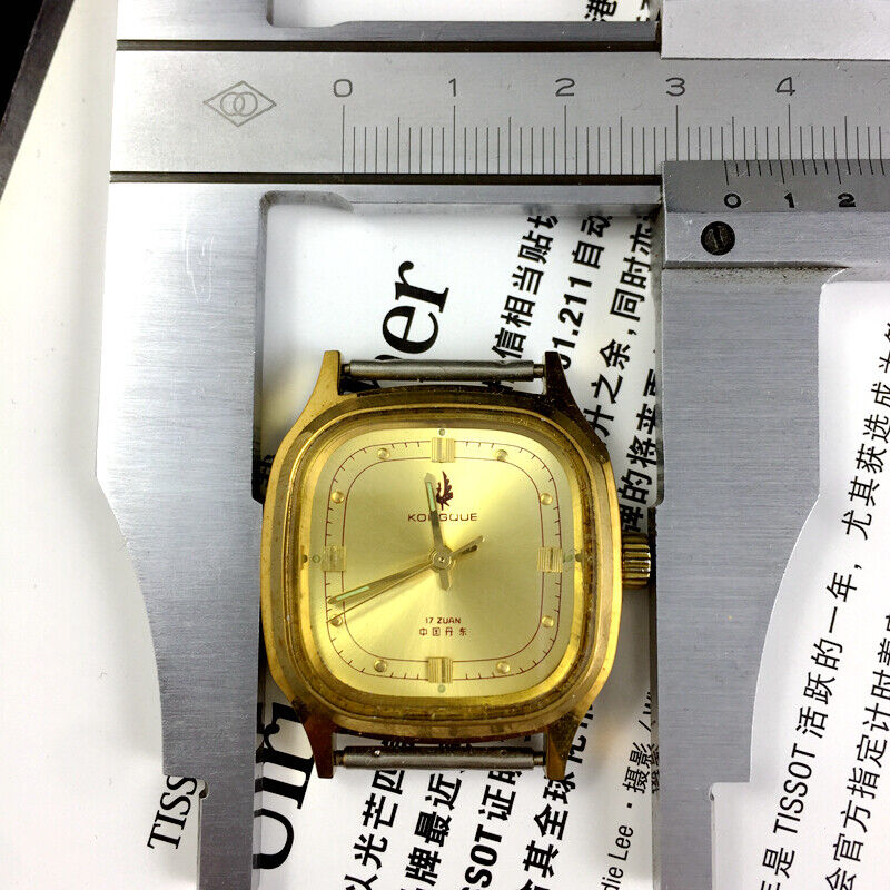 Dandong 33mm manual mechanical watch with 17 jewels, gold dial, square luxury case for elegant style.