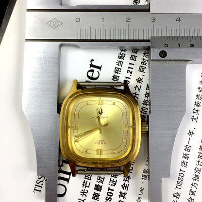 Dandong 33mm manual mechanical watch with 17 jewels, gold dial, square luxury case for elegant style.