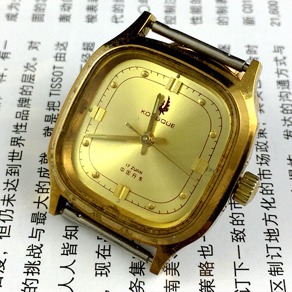Dandong 33mm manual mechanical watch with 17 jewels, golden dial, square luxury case, and leather strap.