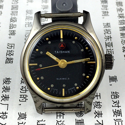 TAISHAN 26mm black manual mechanical lady watch with 19 jewels, sleek black dial, and elegant 3-hand design.