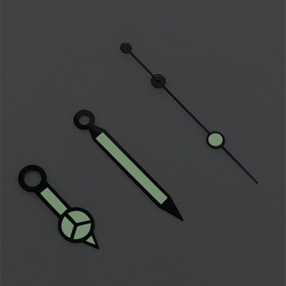 Classic black-trimmed green luminous watch hands for Asian 8215/2813/8205 movement, ideal for precise timekeeping restoration.