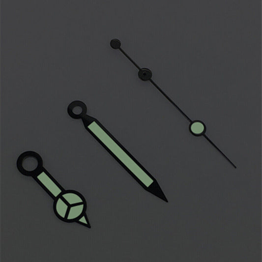 Classic black-trimmed green luminous watch hands for Asian 8215/2813/8205 movement, ideal for precise timekeeping restoration.