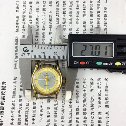 TAISHAN manual mechanical lady watch with 19 jewels, yellow-grey dial, and round gold case for elegant style.