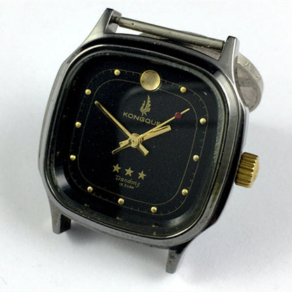 Dandong 34mm manual watch with black dial, gold markers, 19 jewels, and three-hand precision design.