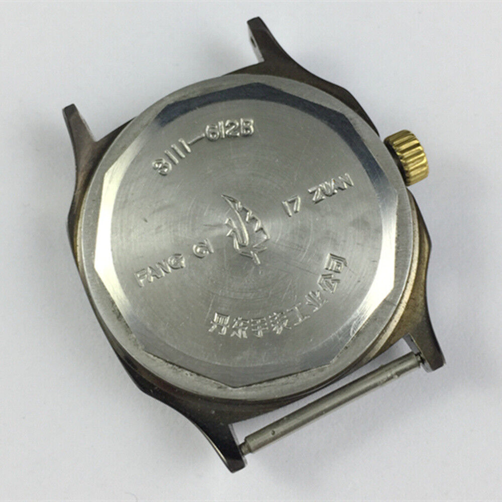 34mm Dandong manual watch with black dial, gold markers, and 19 jewels for precise timekeeping.