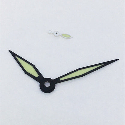 Black trim diamond-shaped green lume watch hands for ST3600/ST3620/ETA6497/6498 movements, branded.
