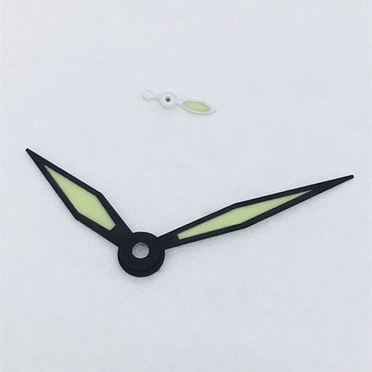 Black trim diamond-shaped green lume watch hands for ST3600/ST3620/ETA6497/6498 movements, branded.