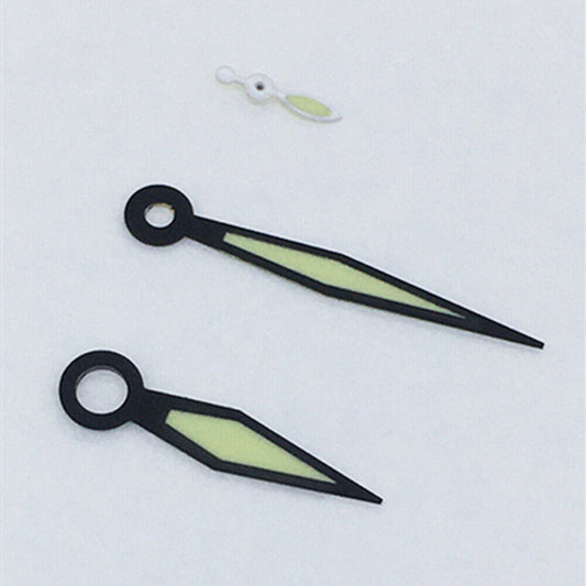 Black trim diamond-shaped green lume watch hands for ST3600/ST3620/ETA6497/6498 movements, branded.
