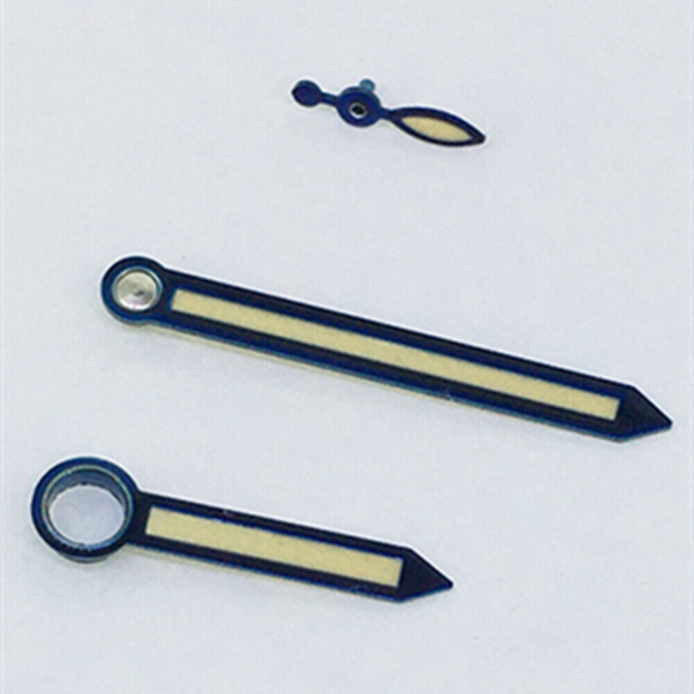 Yellow lume arrow-shaped watch hands with blue trim for ST3600/3620 and ETA6497/6498 movements, precise fit.