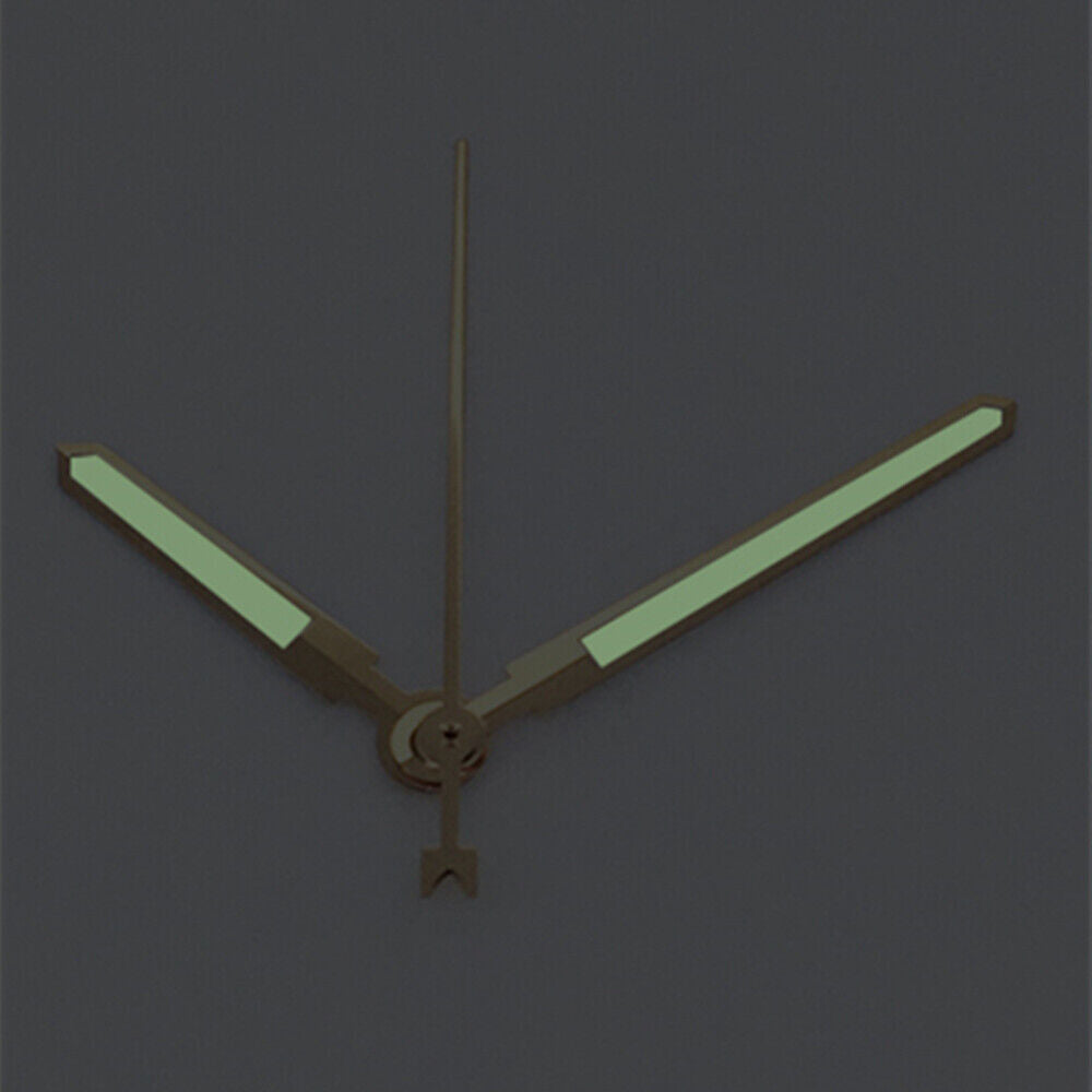 Men's watch hands with rose gold trim and green luminous tips for Asian 8215/2813/8205 movements, enhancing precise timekeeping.